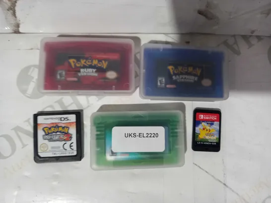 LOT OF 5 ASSORTED POKÉMON GAMES FOR VARIOUS DEVICES TO INCLUDE RUBY, LET'S GO PIKACHU, WHITE 2, ETC