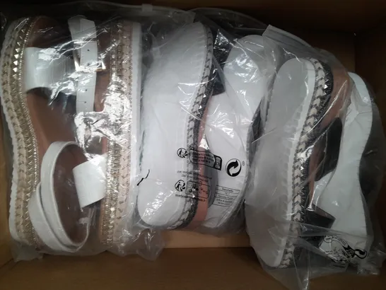 BOX OF APPROXIMATELY 5 PAIRS OF DESIGNER OPEN TOE WEDGE SANDALS IN VARIOUS SIZES TO INCLUDE WHITE AND BLACK VARIANTS