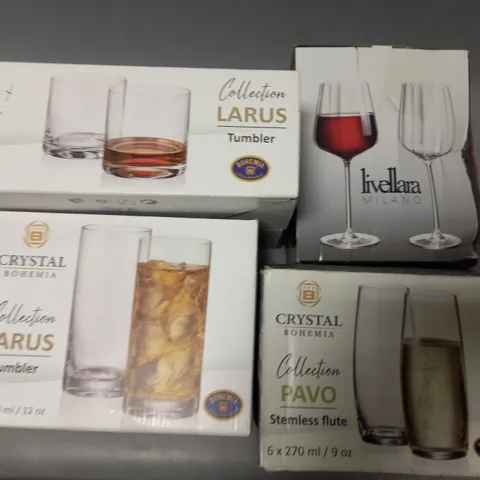 LOT OF 4 ASSORTED BOXED AS NEW SETS OF GLASSES TO INCLUDE WINE GLASSES, FLUTES AND TUMBLERS