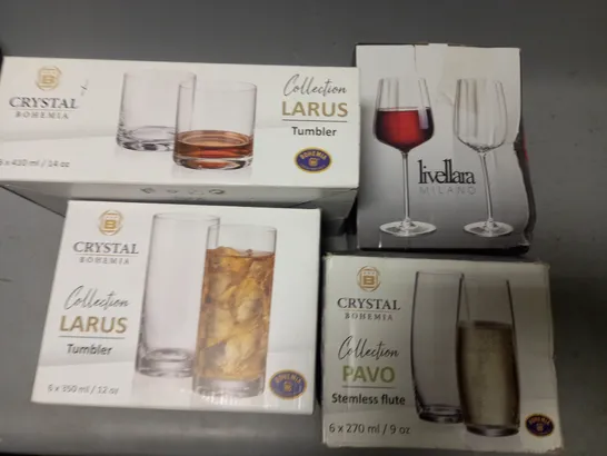 LOT OF 4 ASSORTED BOXED AS NEW SETS OF GLASSES TO INCLUDE WINE GLASSES, FLUTES AND TUMBLERS