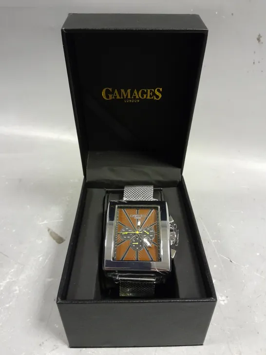 GAMAGES EXCLUSIVE BROWN DIAL STAINLESS STEEL CASE WATCH 