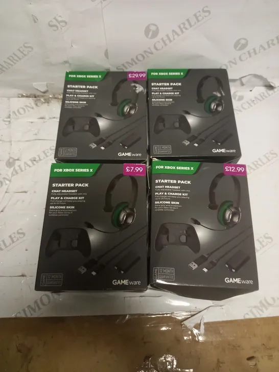 LOT OF 4 GAME XBOX STARTER KITS TO INCLUDE HEADSETS, CHARGING CABLES AND CONTROLLER SKINS