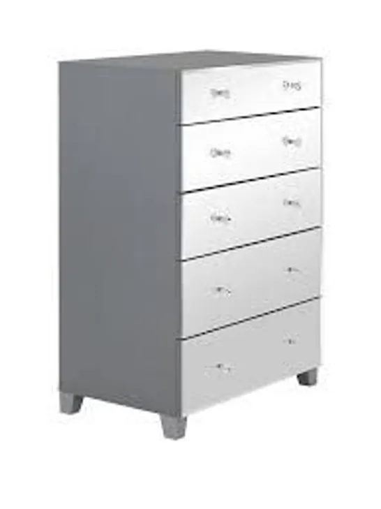 BOXED BELLAGIO 5 DRAWER CHEST GREY/MIRROR (1 BOX)