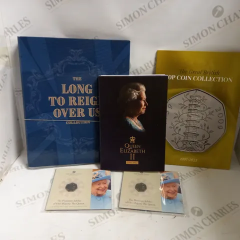 BOX OF APPROX 5 ITEMS TO INCLUDE THE ROYAL MINT PLATINUM JUBILEE 50P AND ASSORTED COLLECTORS FOLDERS