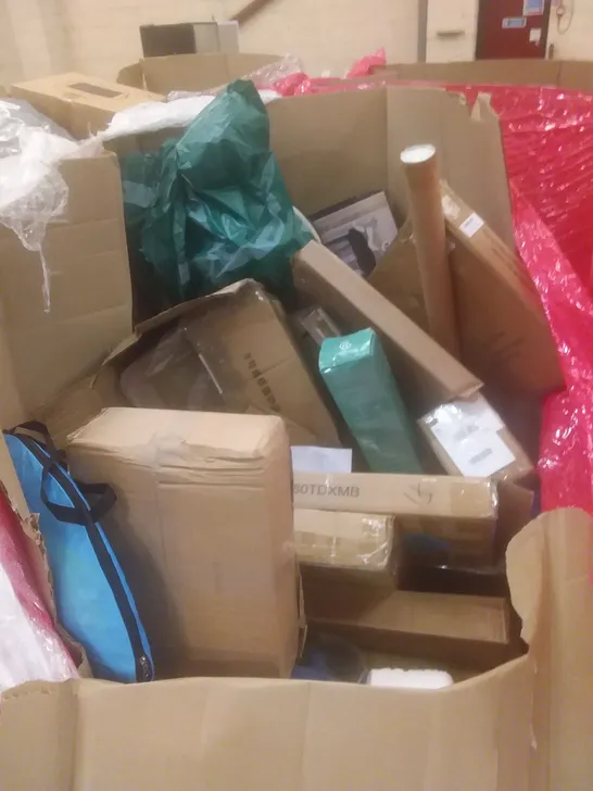 PALLET OF ASSORTED HOUSEHOLD PRODUCTS AND ITEMS, INCLUDING; INSECT ZAPPER, FOOD PROCESSOR, HEATED BLANKET, OIL FILLED RADIATOR, TOILET SEAT, BOXED FURNITURE ETC 