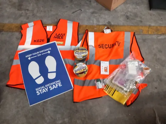 PALLET OF ASSORTED ITEMS, INCLUDING HI VIZ WAIST COATS, PARASOL BASE, FLOOR STICKERS, FLOOR TAPE, SYRINGES.