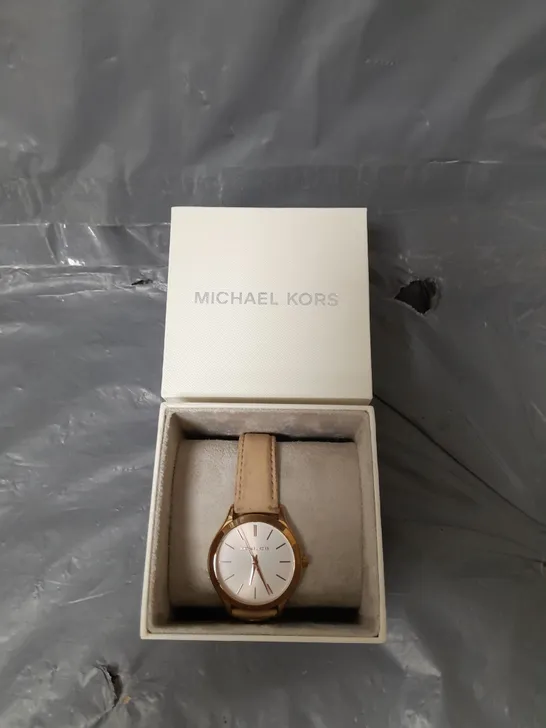 MICHAEL KORS SLIM RUNWAY THREE-HAND BLUSH LEATHER WATCH