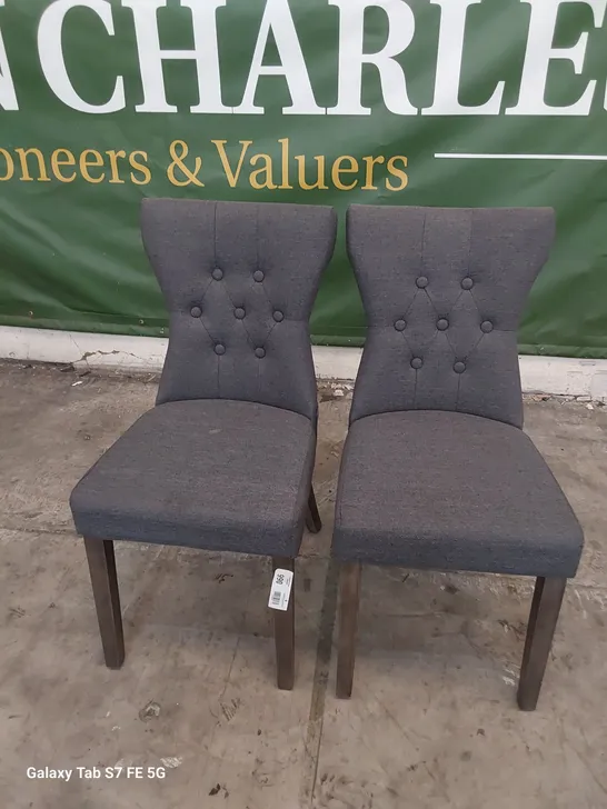 PAIR OF UPHOLSTERED BUTTONED BACK DINING CHAIRS GREY FABRIC ON SILVERED LEGS 