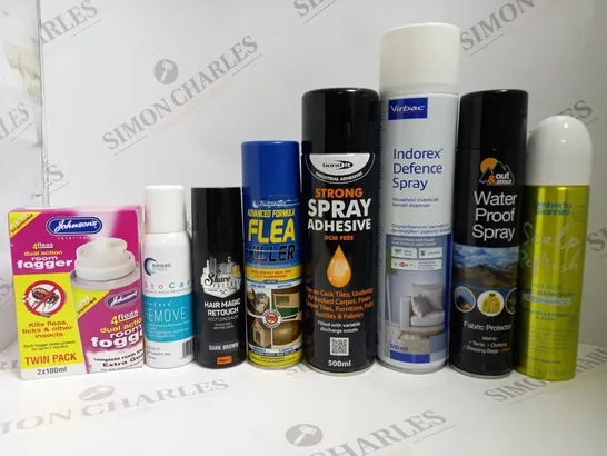 BOX OF APPROX 12 ASSORTED AEROSOLS TO INCLUDE BOND IT STRONG SPRAY ADHESIVE, OUT&ABOUT WATERPROOF SPRAY, VIRBAC INDOREX DEFENCE SPRAY, ETC 