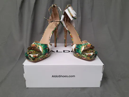 BOXED PAIR OF ALDO PRISILLA OPEN TOE HIGH HEEL SANDALS IN MULTICOLOUR UK SIZE 7