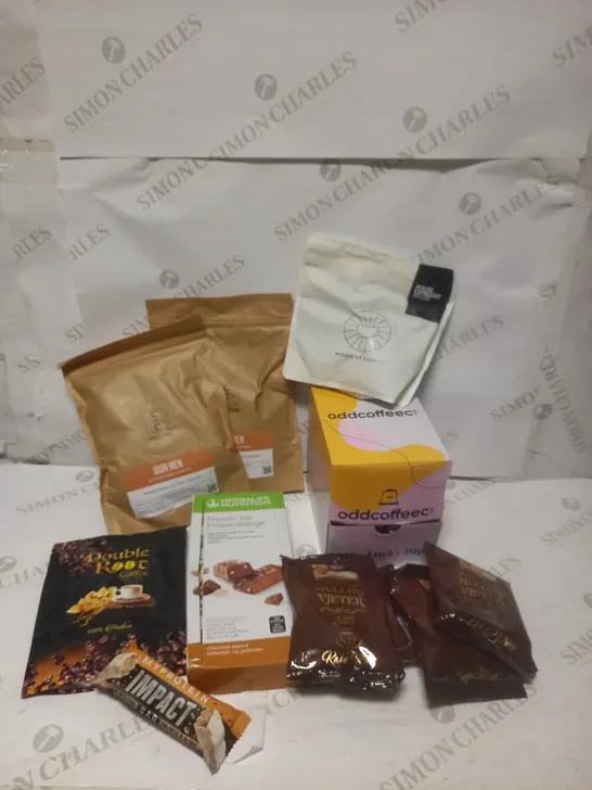 BOX OF ASSORTED FOOD PRODUCTS - INCLUDING COFFEE, PROTEIN BARS