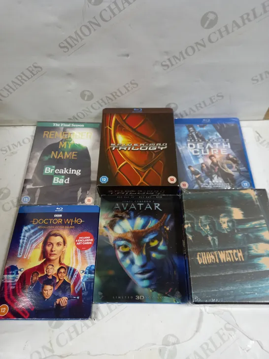 BOX OF APPROXIMATELY 10 ASSORTED DVDS & BLU RAYS TO INCLUDE AVATAR, DR WHO, SPIDER MAN TRILOGY ETC 