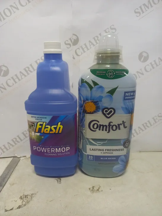 BOX OF APPROX 9 ASSORTED LIQUIDS TO INCLUDE -FLASH POWERMOP - COMFORT LASTING FRESHNESS BLUE SKIES 