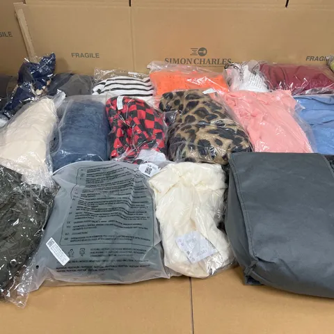 LARGE BOX OF BAGGED CLOTHING OF ASSORTED STYLES AND SIZES