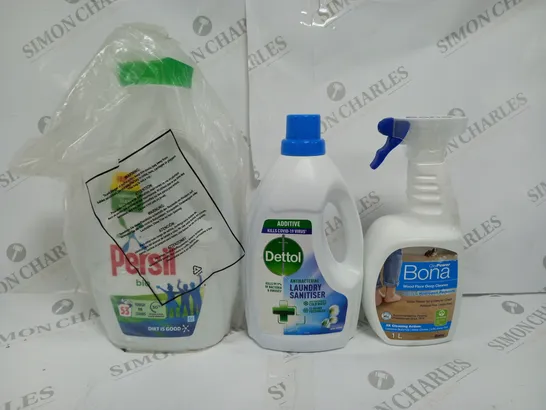 BOX OF APPROX 6 ASSORTED LIQUIDS TO INCLUDE - BONA WOOD FLOOR DEEP CLEAN - DETTOL LAUNDRY SANITISER - PERSIL BIO 