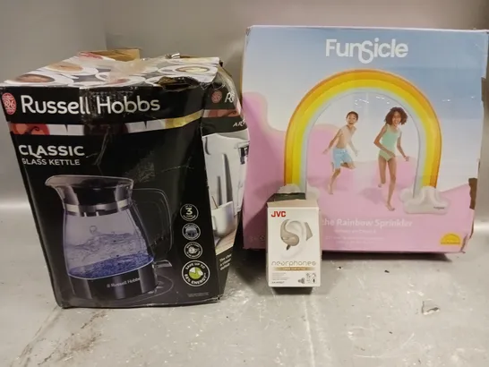 BOX OF APPROX 5 ASSORTED ITEMS TO INCLUDE - FUNSICLE RAINBOW SPRINKLER , JVC NEARPHONES , GLASS KETTLE ETC