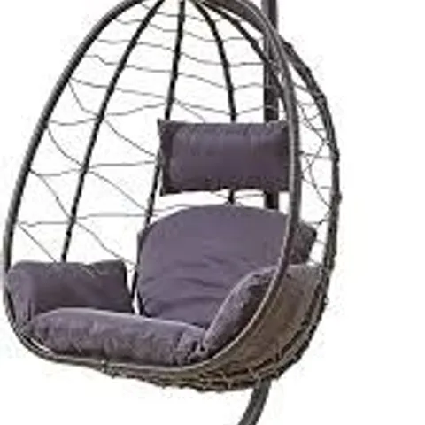 BOXED NEO RATTAN EGG CHAIR SWING GARDEN HANGING SEAT HAMMOCK WITH CUSHIONS STAND FOR OUTDOOR PATIO/INDOOR - DARK GREY (1 BOX)