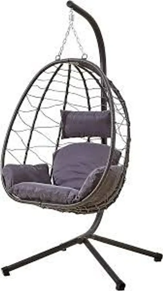 BOXED NEO RATTAN EGG CHAIR SWING GARDEN HANGING SEAT HAMMOCK WITH CUSHIONS STAND FOR OUTDOOR PATIO/INDOOR - DARK GREY (1 BOX)