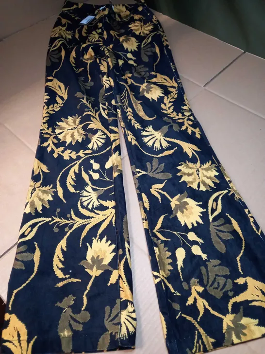 WAREHOUSE BLACK CORD FLORAL PRINTED BOOTCUT TROUSERS - SIZE 6