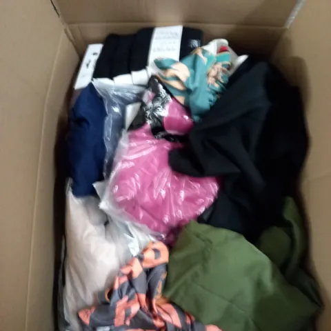 BOX OF ASSORTED CLOTHING ITEMS TOO INCLUDE JUMPERS, SHIRTS AND TROUSERS IN VARIOUS SIZES AND COLOURS   