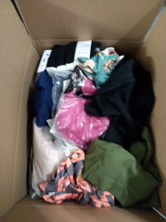 BOX OF ASSORTED CLOTHING ITEMS TOO INCLUDE JUMPERS, SHIRTS AND TROUSERS IN VARIOUS SIZES AND COLOURS   