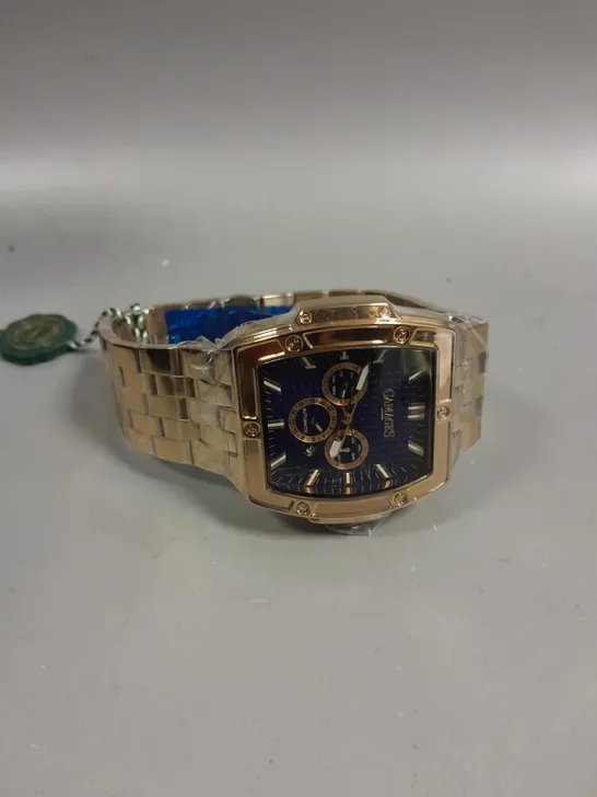 BOXED GAMAGES MAGNITUDE ROSE GOLD COLOUR BLUE DIAL WATCH 