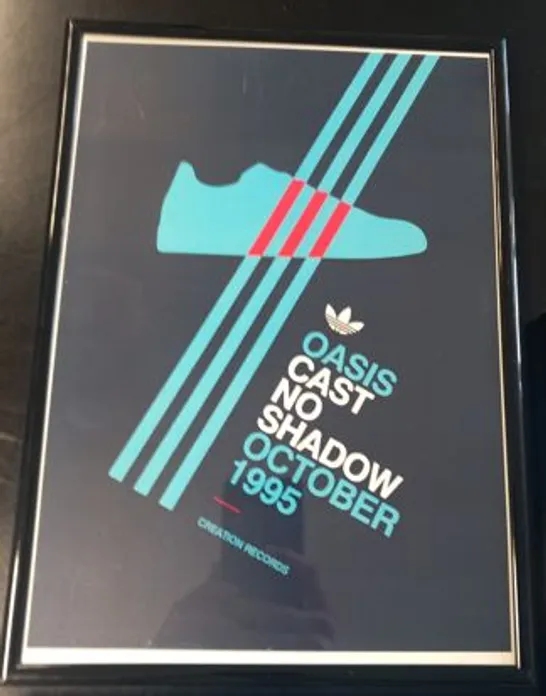 FIVE FRAMED ADIDAS CASUALS/MANCHESTER MUSIC SCENE INSPIRED PRINTS TO INCLUDE BLUE MONDAY/MANCHESTERS, LIVE FOREVER/HAMBURGS AND WONDERWALL/STOCKHOLMS