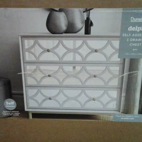 BOXED DELPHI SELF ASSEMBLY 3 DRAWER CHEST IN GREY - H82 X W90 X D40 CM 