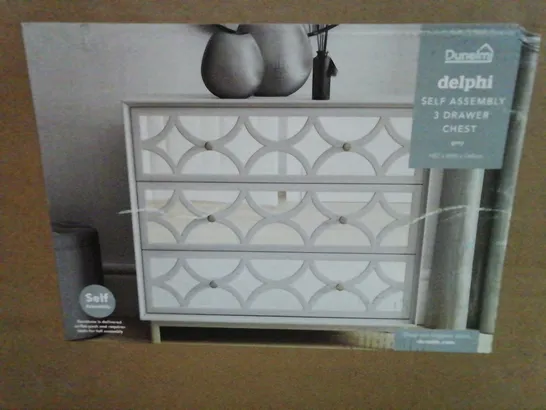 BOXED DELPHI SELF ASSEMBLY 3 DRAWER CHEST IN GREY - H82 X W90 X D40 CM 