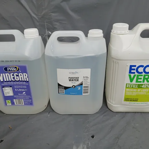 3 ASSORTED LIQUIDS TO INCLUDE VINEGAR, PURIFIED WATER, AND ECOVER WASHING UP LIQUID - COLLECTION ONLY