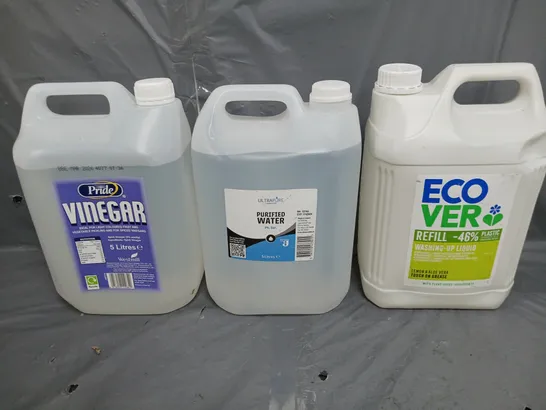 3 ASSORTED LIQUIDS TO INCLUDE VINEGAR, PURIFIED WATER, AND ECOVER WASHING UP LIQUID - COLLECTION ONLY