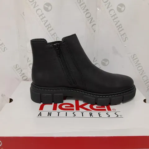 BOXED PAIR OF RIEKER CHUNKY ANKLE BOOTS IN BLACK - SIZE 6