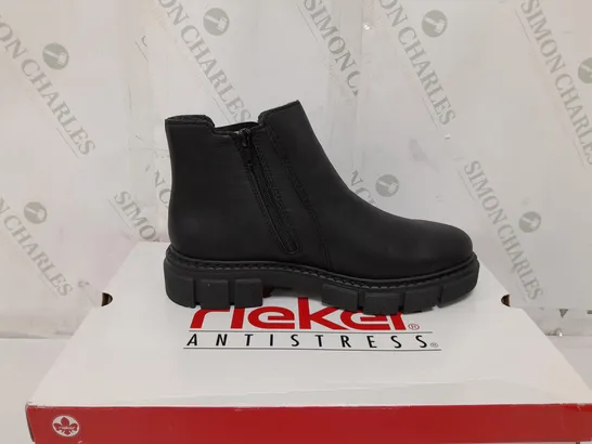 BOXED PAIR OF RIEKER CHUNKY ANKLE BOOTS IN BLACK - SIZE 6