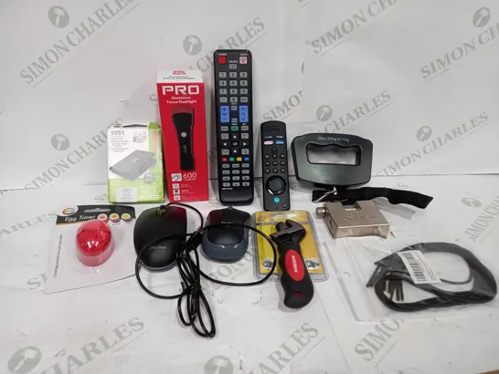 BOX TO CONTAIN APPROX 20 X ASSORTED HOUSEHOLD PRODUCTS, INCLUDES TV REMOTES, COMPUTER MOUSES, EGG TIMER ETC 