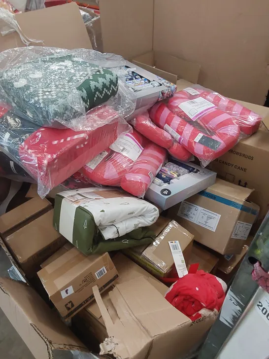 PALLET TO CONTAIN A LARGE ASSORTMENT OF CHRISTMAS STOCK TO INCLUDE; CHRISTMAS CRACKERS, THROWS, DECOR ETC