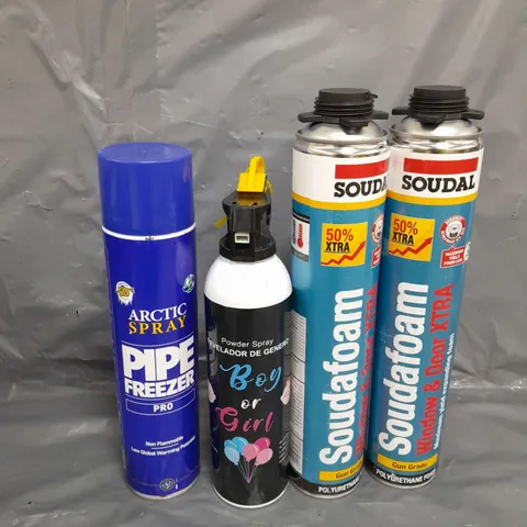 APPROXIMATELY 8 ASSORTED AEROSOLS TO INCLUDE , PIPE FREEZER , SOUNDAFOAM , POWDER SPRAY , ETC 