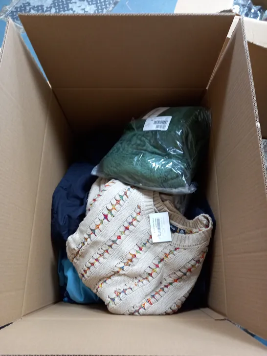 BOX OF ASSORTED ITEMS TO INCLUDE ROBES, SWEATERS, TOPS ETC 