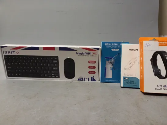 BOX OF APPROXIMATELY 15 ASSORTED ITEMS TO INCLUDE - IBRIT WIRELESS KEYBOARD & MOUSE , SMART BAND , MOKIN USB-C HUB ETC