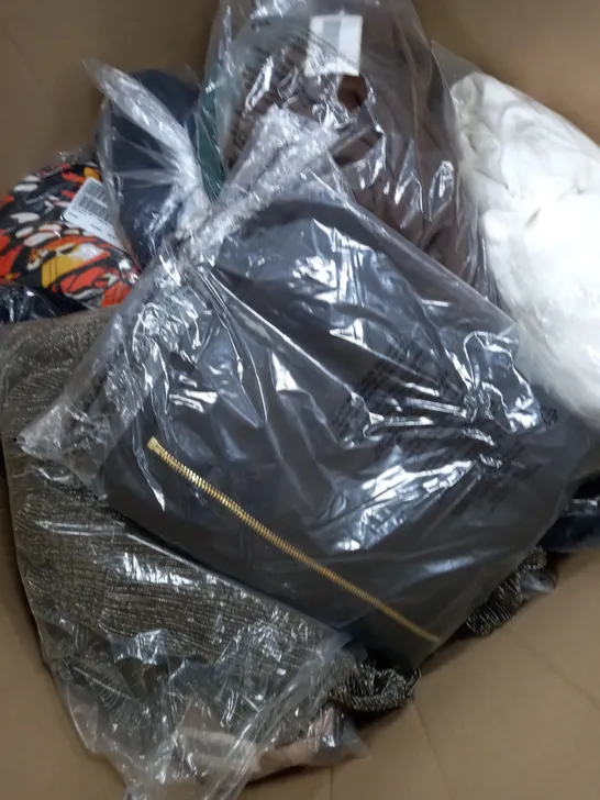 BOX OF APPROXIMATELY 15 ASSORTED CLOTHING ITEMS TO INCLUDE WHITE COAT, BROWN PANTS, BLACK TOP ETC