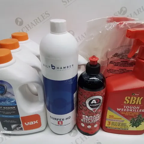 LOT OF 10 BRAND NEW HOMEWARE ITEMS INCLUDES 5X VAX SPOR WASHER SOLUTIONS, SBK WEED KILLER, CERAMIC INFUSED SHAMPOO AND APC DEGREASER