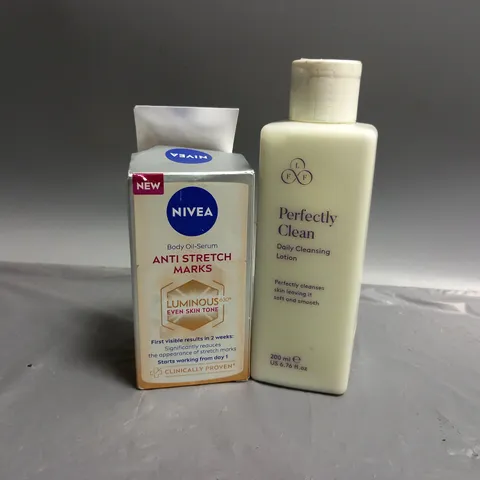 2 HEALTH AND BEAUTY PRODUCTS TO INCLUDE LOOK FABULOUS FOREVER PERFECTLY CLEAN DAILY CLEANSING LOTION 200ML, NIVEA ANTI STRETCH MARKS BODY OIL SERUM 100ML 