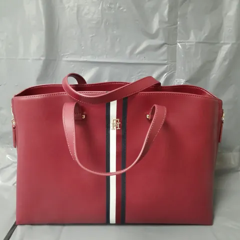 TOMMY HILFILGER STRIPE DETAIL TOTE BAG - RED