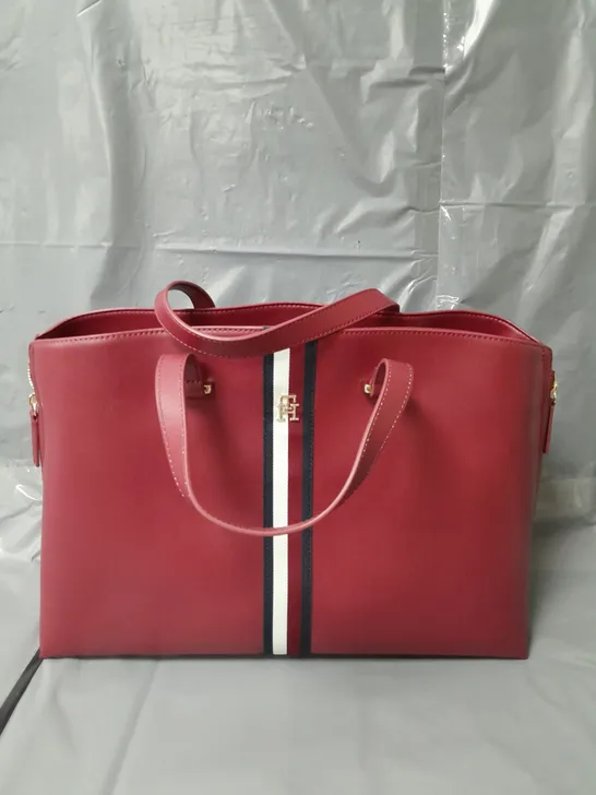 TOMMY HILFILGER STRIPE DETAIL TOTE BAG - RED