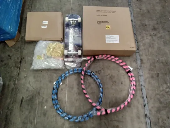 PALLET OF ASSORTED ITEMS INCLUDING SKATEBOARD, HULA HOOPS, FITNESS RING, ROUND PADDED STOOL WITH STUDS, TILE LEVELING SYSTEM