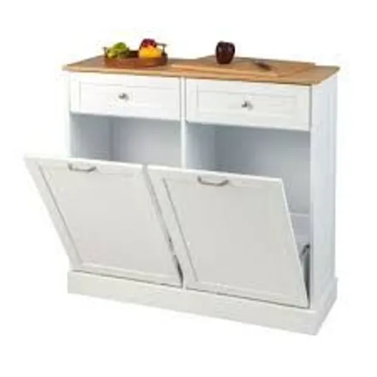 BOXED COSTWAY SELF-SUPPORTING KITCHEN WASTE BIN STAND WITH 2 TILT DOORS LINEN CABINET WITH BAMBOO CUTTING BOARD IN WHITE (1 BOX)