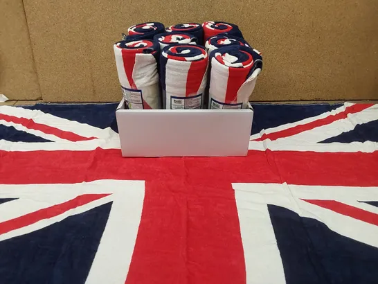 PALLET TO CONTAIN APPROX 48 BOXES OF BRAND NEW UNION JACK BEACH TOWELS - 9 TOWELS PER BOX // SIZE: APPROX 71 X 152cm // COMBINED RRP £2,376.00