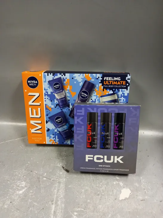 LOT OF 2 ASSORTED COSMETIC BOXSETS TO INCLUDE - FCUK FRAGRANCE SET - NIVEA MEN FULL BODY COLLECTION