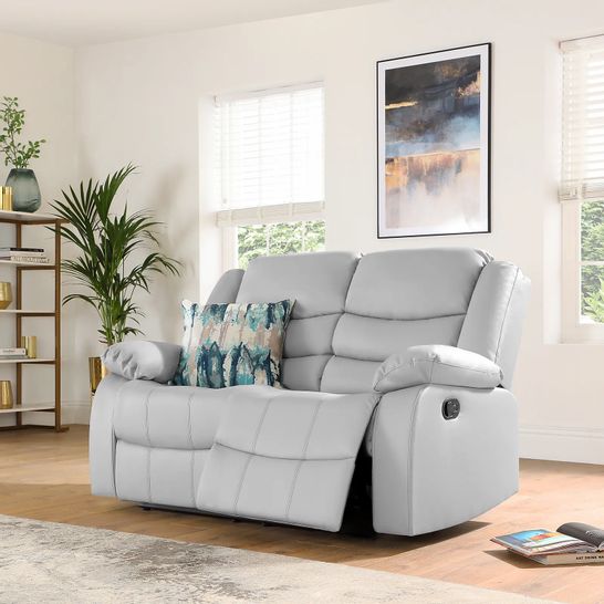 BOXED DESIGNER SORRENTO LIGHT GREY LEATHER RECLINING TWO SEATER SOFA 
