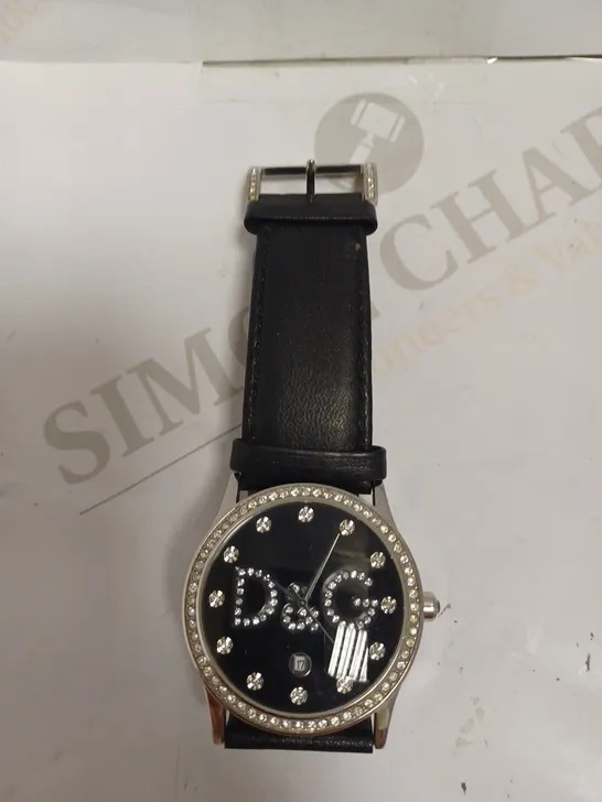 DOLCE & GABBANA SILVER EFFECT WATCH WITH BLACK LEATHER STRAP