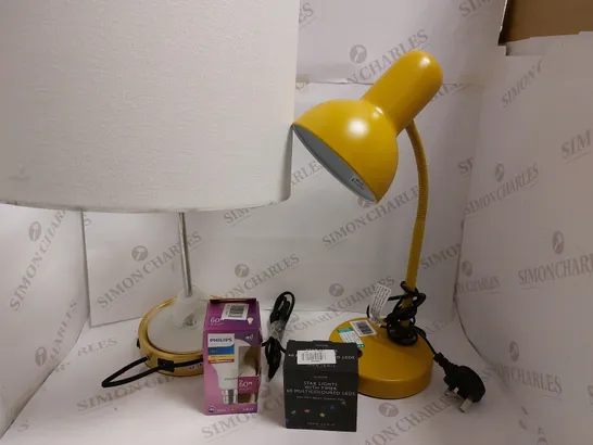 BOX OF APPROX 10 ITEMS TO INCLUDE JOHN LEWIS TABLE TASK LAMP, DESIGNER STYLE LAMP, JOHN LEWIS STAR LIGHTS